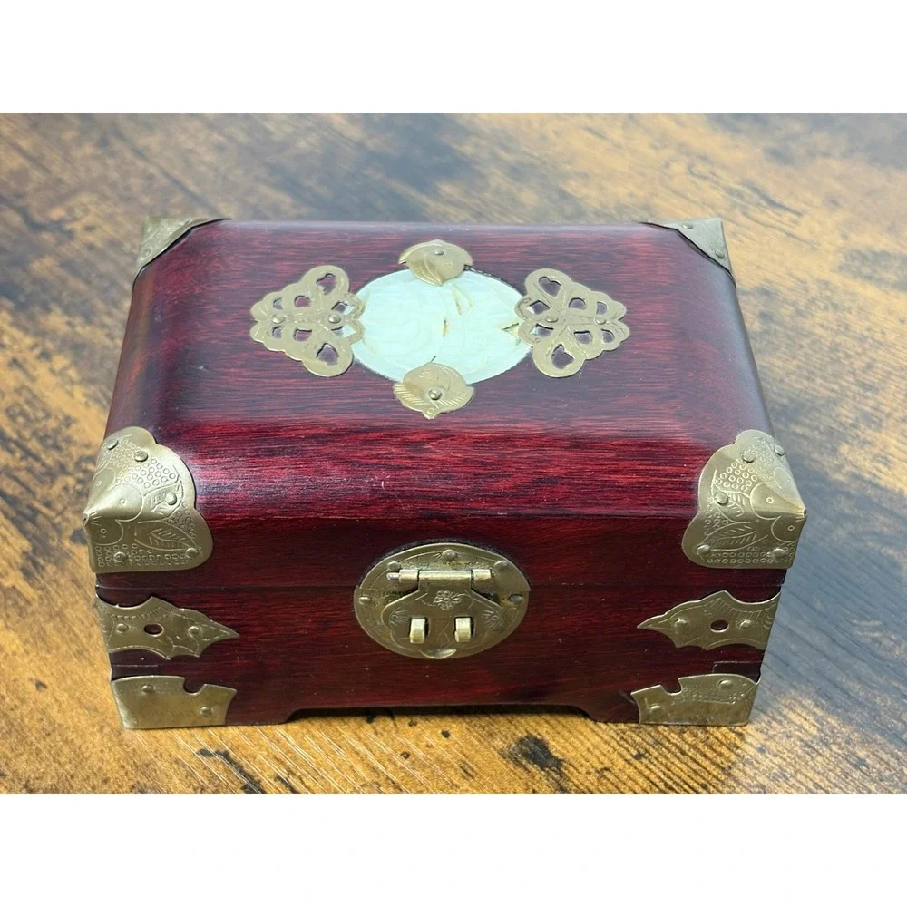 Vintage Chinese Jewelry Box Red Wood Jade Brass Fish Floral Details 5